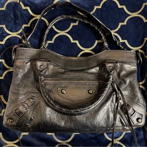 Balenciaga City Small Distressed Black Leather Shoulder Bag